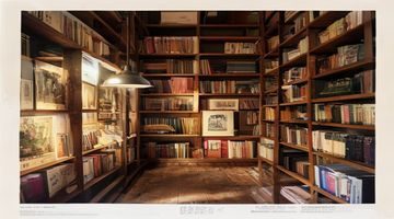 日本写真文化专题封面，精美写真集陈列于木质书架，温暖灯光营造艺术氛围