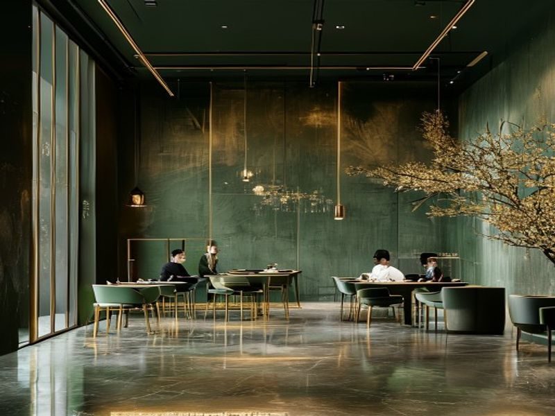 朝桐光品牌展示厅内景，金棕色调装饰与墨绿背景墙相映成辉，专业顾问正在与客户深度沟通，体现高端服务氛围