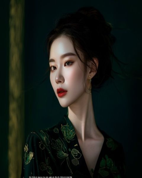 朝桐光艺人官方形象照，精致妆容与优雅气质，墨绿金黑背景映衬，展现其独特的日系美学风格