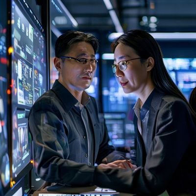 朝桐光首席技术官赵晨曦先生，面对多屏工作站，专注于数字化服务平台研发，展现技术团队的严谨与创新精神